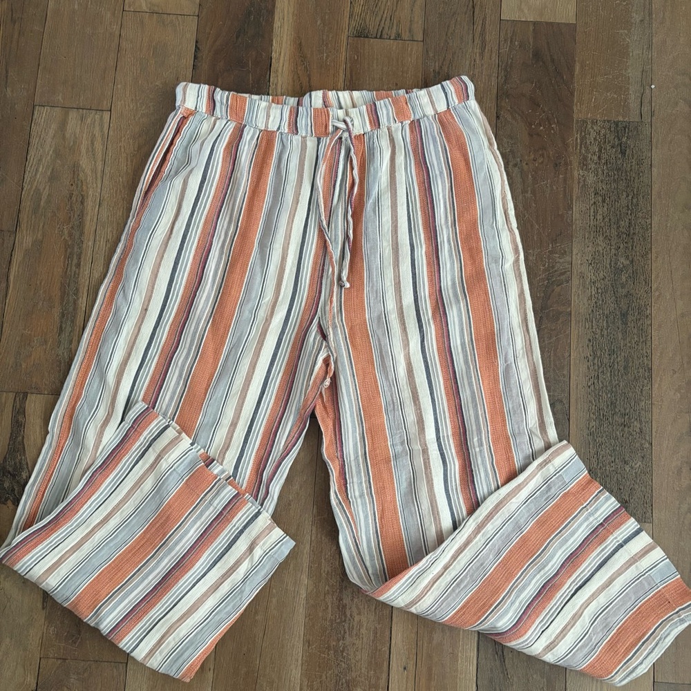 Striped Drawstring Linen-Blend Pants - Orange & White
